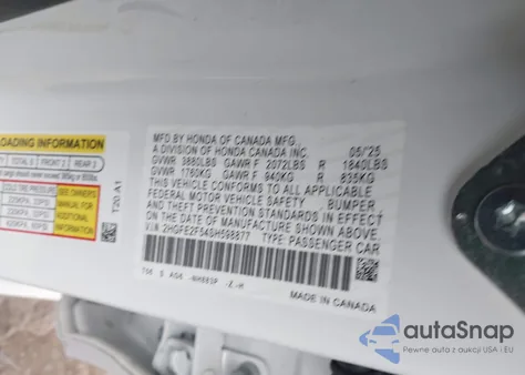 2025 Honda Civic Sport from USA, damaged, VIN 2HGFE2F54SH598877